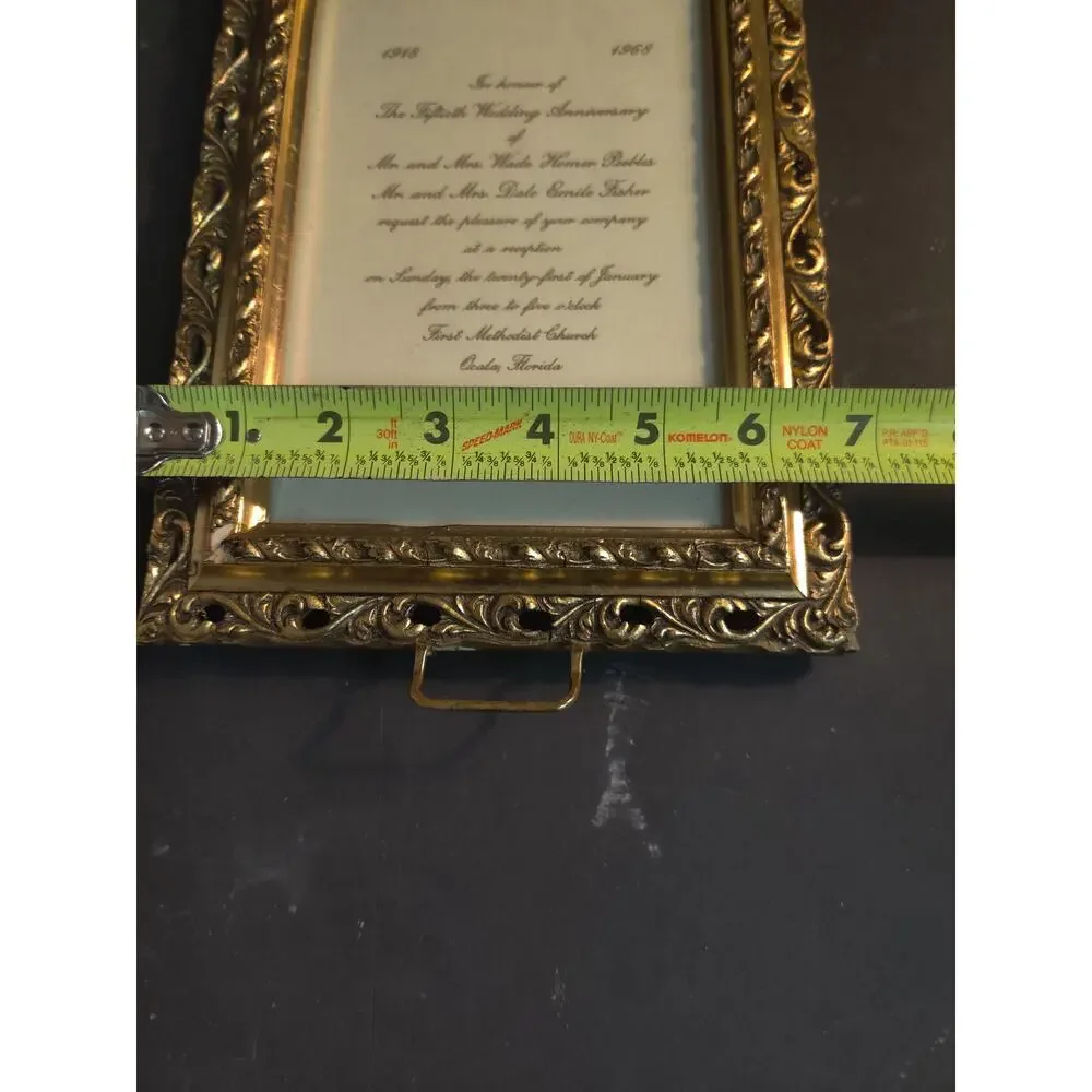 Vintage Ornate Gold Metal Picture Frame 1968 Fiftieth Anniversary Invitation